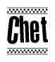 The image is a black and white clipart of the text Chet in a bold, italicized font. The text is bordered by a dotted line on the top and bottom, and there are checkered flags positioned at both ends of the text, usually associated with racing or finishing lines.