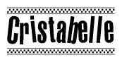 The image is a black and white clipart of the text Cristabelle in a bold, italicized font. The text is bordered by a dotted line on the top and bottom, and there are checkered flags positioned at both ends of the text, usually associated with racing or finishing lines.