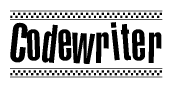 The image is a black and white clipart of the text Codewriter in a bold, italicized font. The text is bordered by a dotted line on the top and bottom, and there are checkered flags positioned at both ends of the text, usually associated with racing or finishing lines.