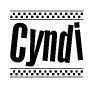 The clipart image displays the text Cyndi in a bold, stylized font. It is enclosed in a rectangular border with a checkerboard pattern running below and above the text, similar to a finish line in racing. 