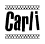 The image is a black and white clipart of the text Carli in a bold, italicized font. The text is bordered by a dotted line on the top and bottom, and there are checkered flags positioned at both ends of the text, usually associated with racing or finishing lines.