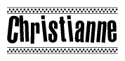 The image is a black and white clipart of the text Christianne in a bold, italicized font. The text is bordered by a dotted line on the top and bottom, and there are checkered flags positioned at both ends of the text, usually associated with racing or finishing lines.