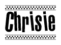 The image is a black and white clipart of the text Chrisie in a bold, italicized font. The text is bordered by a dotted line on the top and bottom, and there are checkered flags positioned at both ends of the text, usually associated with racing or finishing lines.