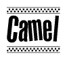 The image is a black and white clipart of the text Camel in a bold, italicized font. The text is bordered by a dotted line on the top and bottom, and there are checkered flags positioned at both ends of the text, usually associated with racing or finishing lines.