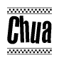 The image is a black and white clipart of the text Chua in a bold, italicized font. The text is bordered by a dotted line on the top and bottom, and there are checkered flags positioned at both ends of the text, usually associated with racing or finishing lines.