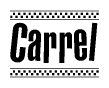 The image contains the text Carrel in a bold, stylized font, with a checkered flag pattern bordering the top and bottom of the text.