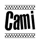 The clipart image displays the text Cami in a bold, stylized font. It is enclosed in a rectangular border with a checkerboard pattern running below and above the text, similar to a finish line in racing. 