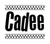 The image is a black and white clipart of the text Cadee in a bold, italicized font. The text is bordered by a dotted line on the top and bottom, and there are checkered flags positioned at both ends of the text, usually associated with racing or finishing lines.
