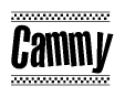 The image contains the text Cammy in a bold, stylized font, with a checkered flag pattern bordering the top and bottom of the text.
