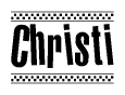 The image is a black and white clipart of the text Christi in a bold, italicized font. The text is bordered by a dotted line on the top and bottom, and there are checkered flags positioned at both ends of the text, usually associated with racing or finishing lines.