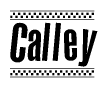 The image contains the text Calley in a bold, stylized font, with a checkered flag pattern bordering the top and bottom of the text.