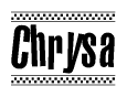 The image is a black and white clipart of the text Chrysa in a bold, italicized font. The text is bordered by a dotted line on the top and bottom, and there are checkered flags positioned at both ends of the text, usually associated with racing or finishing lines.