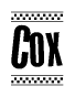 The image is a black and white clipart of the text Cox in a bold, italicized font. The text is bordered by a dotted line on the top and bottom, and there are checkered flags positioned at both ends of the text, usually associated with racing or finishing lines.