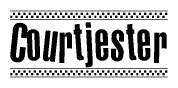 The image contains the text Courtjester in a bold, stylized font, with a checkered flag pattern bordering the top and bottom of the text.