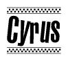 The image contains the text Cyrus in a bold, stylized font, with a checkered flag pattern bordering the top and bottom of the text.