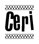 The image is a black and white clipart of the text Ceri in a bold, italicized font. The text is bordered by a dotted line on the top and bottom, and there are checkered flags positioned at both ends of the text, usually associated with racing or finishing lines.