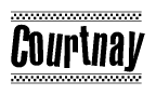 The image is a black and white clipart of the text Courtnay in a bold, italicized font. The text is bordered by a dotted line on the top and bottom, and there are checkered flags positioned at both ends of the text, usually associated with racing or finishing lines.