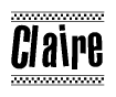 The clipart image displays the text Claire in a bold, stylized font. It is enclosed in a rectangular border with a checkerboard pattern running below and above the text, similar to a finish line in racing. 
