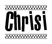The image is a black and white clipart of the text Chrisi in a bold, italicized font. The text is bordered by a dotted line on the top and bottom, and there are checkered flags positioned at both ends of the text, usually associated with racing or finishing lines.