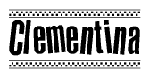 The clipart image displays the text Clementina in a bold, stylized font. It is enclosed in a rectangular border with a checkerboard pattern running below and above the text, similar to a finish line in racing. 