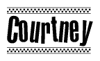 The image is a black and white clipart of the text Courtney in a bold, italicized font. The text is bordered by a dotted line on the top and bottom, and there are checkered flags positioned at both ends of the text, usually associated with racing or finishing lines.