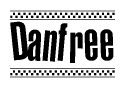 The image is a black and white clipart of the text Danfree in a bold, italicized font. The text is bordered by a dotted line on the top and bottom, and there are checkered flags positioned at both ends of the text, usually associated with racing or finishing lines.