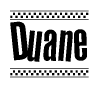 The clipart image displays the text Duane in a bold, stylized font. It is enclosed in a rectangular border with a checkerboard pattern running below and above the text, similar to a finish line in racing. 