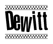 The clipart image displays the text Dewitt in a bold, stylized font. It is enclosed in a rectangular border with a checkerboard pattern running below and above the text, similar to a finish line in racing. 