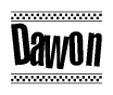 The image contains the text Dawon in a bold, stylized font, with a checkered flag pattern bordering the top and bottom of the text.