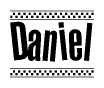 The clipart image displays the text Daniel in a bold, stylized font. It is enclosed in a rectangular border with a checkerboard pattern running below and above the text, similar to a finish line in racing. 
