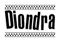 The image contains the text Diondra in a bold, stylized font, with a checkered flag pattern bordering the top and bottom of the text.