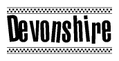 The image is a black and white clipart of the text Devonshire in a bold, italicized font. The text is bordered by a dotted line on the top and bottom, and there are checkered flags positioned at both ends of the text, usually associated with racing or finishing lines.