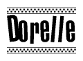 The image contains the text Dorelle in a bold, stylized font, with a checkered flag pattern bordering the top and bottom of the text.