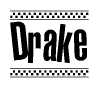 The clipart image displays the text Drake in a bold, stylized font. It is enclosed in a rectangular border with a checkerboard pattern running below and above the text, similar to a finish line in racing. 