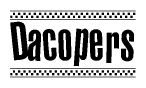 The clipart image displays the text Dacopers in a bold, stylized font. It is enclosed in a rectangular border with a checkerboard pattern running below and above the text, similar to a finish line in racing. 
