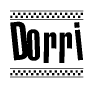 The image contains the text Dorri in a bold, stylized font, with a checkered flag pattern bordering the top and bottom of the text.