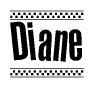The image is a black and white clipart of the text Diane in a bold, italicized font. The text is bordered by a dotted line on the top and bottom, and there are checkered flags positioned at both ends of the text, usually associated with racing or finishing lines.