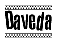 The image is a black and white clipart of the text Daveda in a bold, italicized font. The text is bordered by a dotted line on the top and bottom, and there are checkered flags positioned at both ends of the text, usually associated with racing or finishing lines.