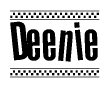 The image contains the text Deenie in a bold, stylized font, with a checkered flag pattern bordering the top and bottom of the text.