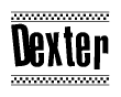 The image contains the text Dexter in a bold, stylized font, with a checkered flag pattern bordering the top and bottom of the text.