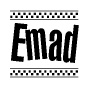 The image contains the text Emad in a bold, stylized font, with a checkered flag pattern bordering the top and bottom of the text.