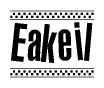 The image is a black and white clipart of the text Eakeil in a bold, italicized font. The text is bordered by a dotted line on the top and bottom, and there are checkered flags positioned at both ends of the text, usually associated with racing or finishing lines.