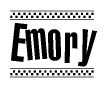 The image is a black and white clipart of the text Emory in a bold, italicized font. The text is bordered by a dotted line on the top and bottom, and there are checkered flags positioned at both ends of the text, usually associated with racing or finishing lines.