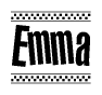 The image is a black and white clipart of the text Emma in a bold, italicized font. The text is bordered by a dotted line on the top and bottom, and there are checkered flags positioned at both ends of the text, usually associated with racing or finishing lines.