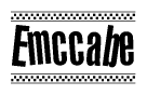 The image is a black and white clipart of the text Emccabe in a bold, italicized font. The text is bordered by a dotted line on the top and bottom, and there are checkered flags positioned at both ends of the text, usually associated with racing or finishing lines.