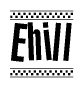 The image is a black and white clipart of the text Ehill in a bold, italicized font. The text is bordered by a dotted line on the top and bottom, and there are checkered flags positioned at both ends of the text, usually associated with racing or finishing lines.