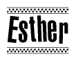 The image is a black and white clipart of the text Esther in a bold, italicized font. The text is bordered by a dotted line on the top and bottom, and there are checkered flags positioned at both ends of the text, usually associated with racing or finishing lines.