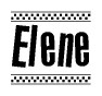 The image is a black and white clipart of the text Elene in a bold, italicized font. The text is bordered by a dotted line on the top and bottom, and there are checkered flags positioned at both ends of the text, usually associated with racing or finishing lines.