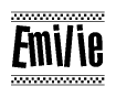 The image is a black and white clipart of the text Emilie in a bold, italicized font. The text is bordered by a dotted line on the top and bottom, and there are checkered flags positioned at both ends of the text, usually associated with racing or finishing lines.