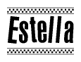 The image is a black and white clipart of the text Estella in a bold, italicized font. The text is bordered by a dotted line on the top and bottom, and there are checkered flags positioned at both ends of the text, usually associated with racing or finishing lines.